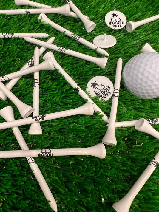 White Golf Tees & Scattered Ball Markers, Black Golfer Palm Tree Logo