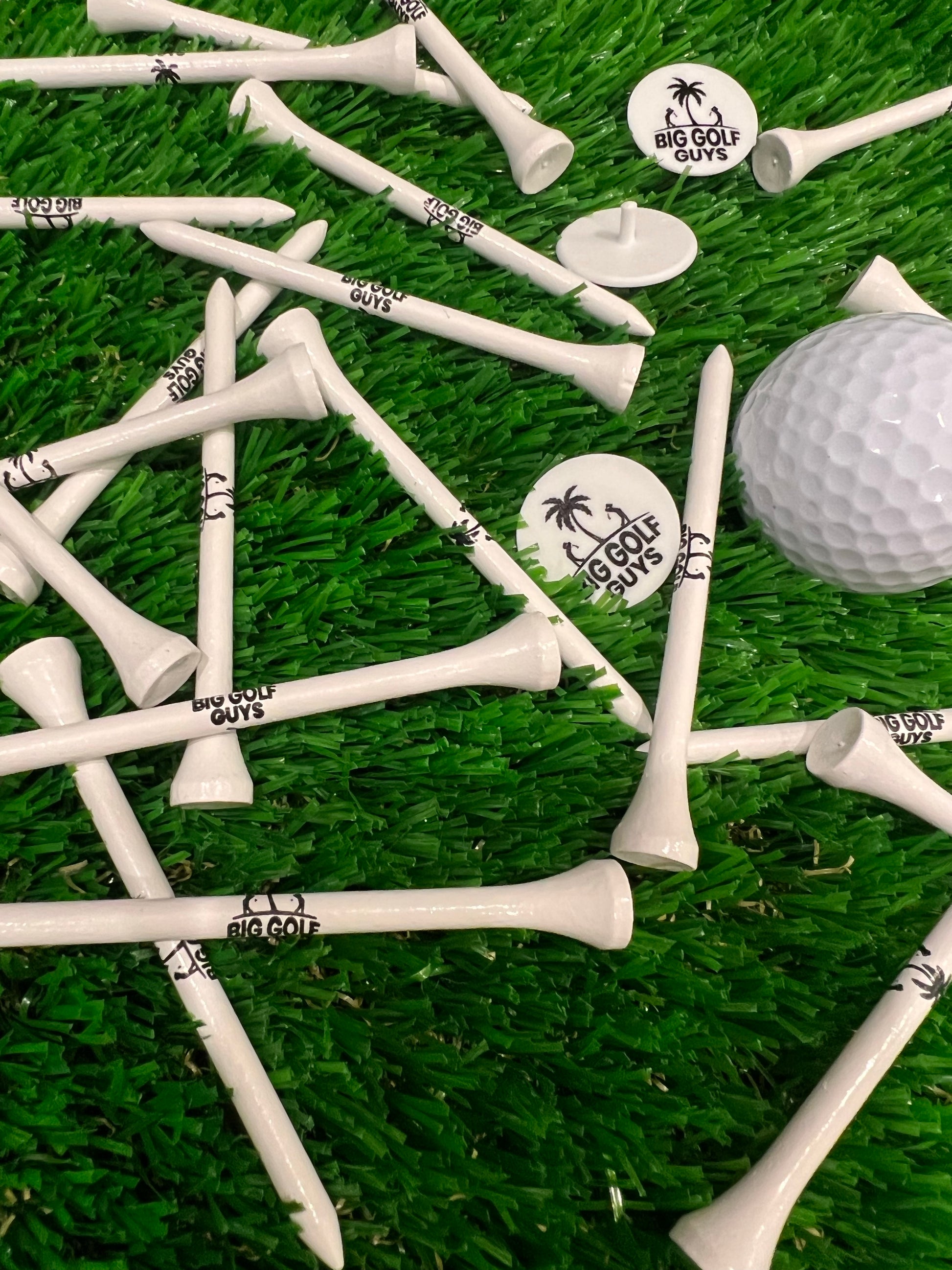 White Golf Tees & Scattered Ball Markers, Black Golfer Palm Tree Logo