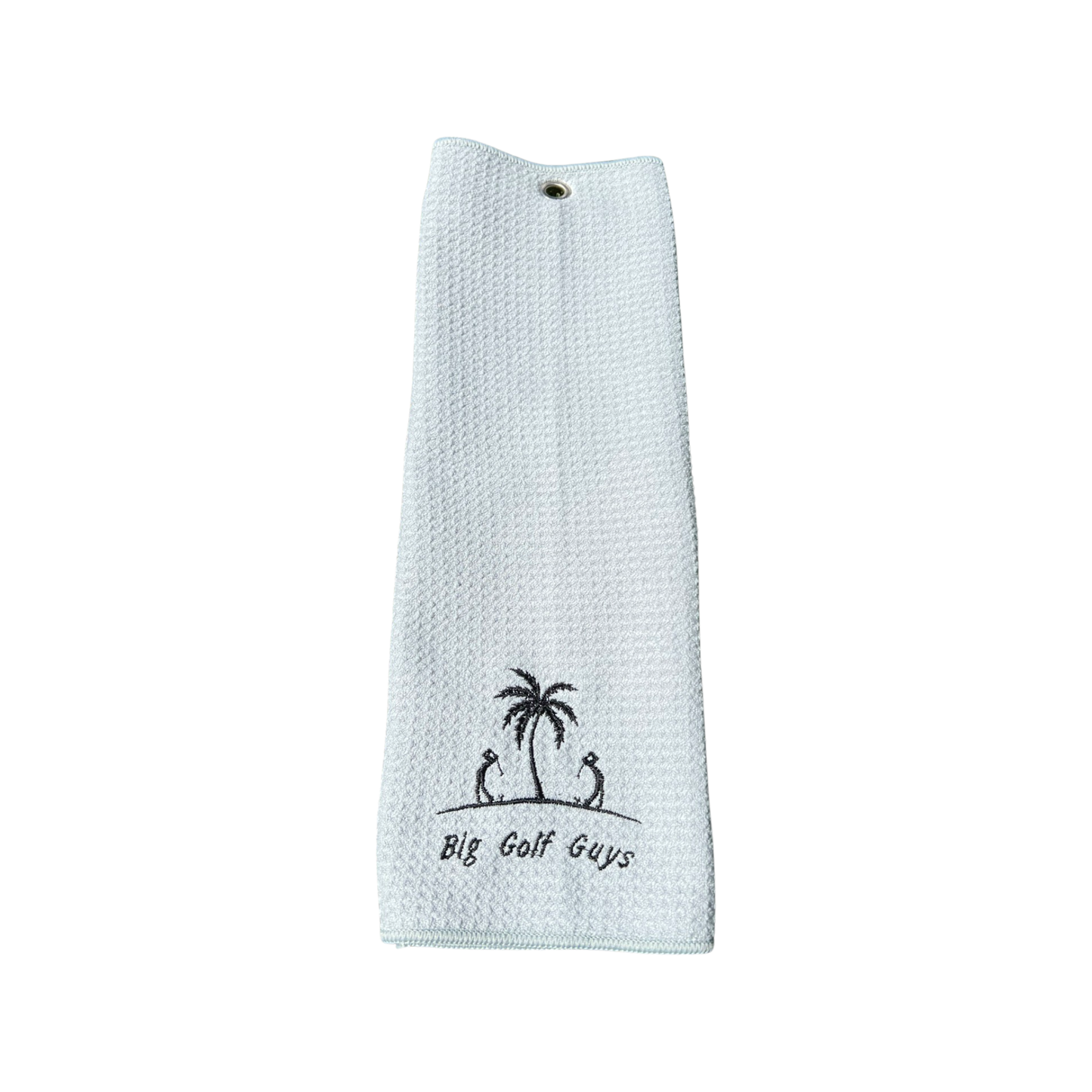 gray waffle towel with black big golf guys logo